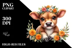 Cute Baby Highland Cow with Marigold Frame PNG Product Image 2