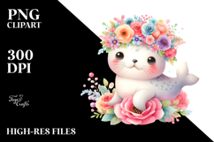 Cute Watercolor Seal with Vibrant Flower Crown PNG Product Image 2