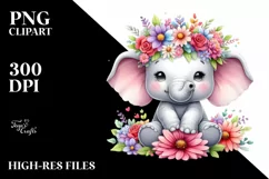 Cartoon-Style Elephant Sitting with Flower Crown PNG Product Image 1