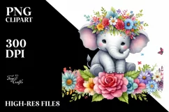 Cartoon-Style Elephant Sitting with Flower Crown PNG Product Image 3