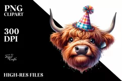 Cow Watercolor Highland Cow with Party Hat | Sublimation Product Image 1