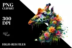 Vibrant Watercolor Giraffe with Flowers PNG Product Image 3