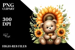 Whimsical Funny Baby Bear Sitting in Front of Sunflower | Product Image 1