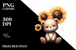 Whimsical Funny Baby Bear Sitting in Front of Sunflower | Product Image 1