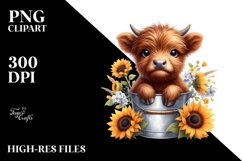 Cute Baby Highland Cow with Sunflower Bucket, PNG Product Image 3