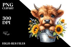 Cute Baby Highland Cow with Sunflower Bucket, PNG Product Image 3