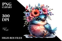 cute Baby Bird with Floral Wreath PNG Product Image 2