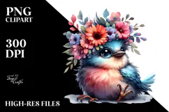 cute Baby Bird with Floral Wreath PNG Product Image 2