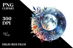 Colorful Watercolor Abstract Moon with Foliage Stars Product Image 2