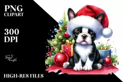 Boston Terrier with Santa Hat Watercolor Christmas PNG Product Image 3