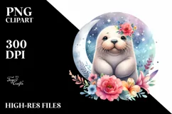 Whimsical Moon Flowers Baby Walrus Clipart Product Image 3