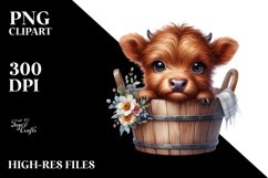 Cute Baby Highland Cow with Wood Bucket, PNG Product Image 3