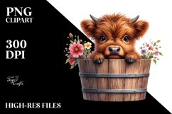 Cute Baby Highland Cow with Wood Bucket, PNG Product Image 1