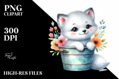 Baby Arctic Fox Sitting in Bucket with Flowers Product Image 1