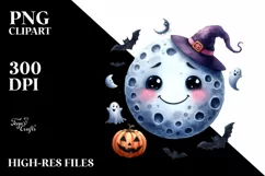 Funny Watercolor Halloween Moon Clipart Product Image 1