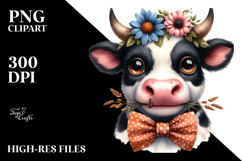 Funny Baby Cow with Bow Tie and Flower, PNG Product Image 2