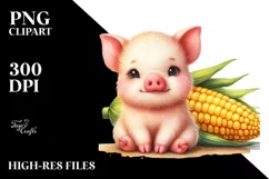 Cute Baby Pig Watercolor Sitting in Front of Corn Cob Product Image 1
