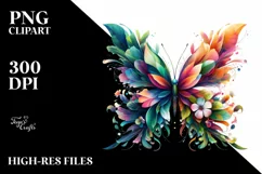 Vibrant Butterfly with Plant Leaves and 3D Flowers PNG Product Image 1