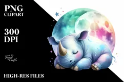 Vibrant Watercolor Rhino Sleeping on the Moon | Clipart Product Image 1