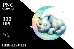 Vibrant Watercolor Rhino Sleeping on the Moon | Clipart Product Image 2