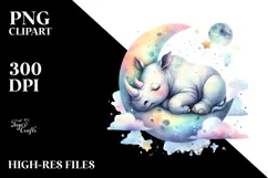 Vibrant Watercolor Rhino Sleeping on the Moon | Clipart Product Image 2