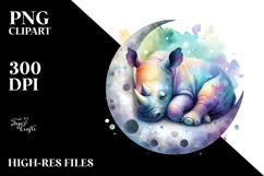 Vibrant Watercolor Rhino Sleeping on the Moon | Clipart Product Image 2