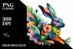 Vibrant Watercolor Rabbit with Flowers PNG Product Image 1