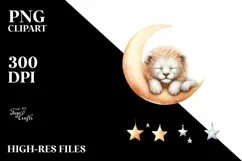 Vibrant Watercolor Cute Lion Sleeping on the Moon | Clipart Product Image 3