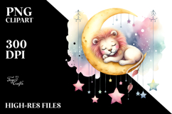 Vibrant Watercolor Cute Lion Sleeping on the Moon | Clipart Product Image 2