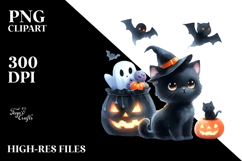 Cute Black Cat Halloween Scene | Watercolor Product Image 2