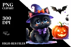 Baby Black Cat Halloween Scenery Cute Vibrant Drawing | Product Image 1