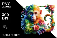 Vibrant Watercolor Monkey with Flowers PNG Product Image 1