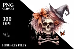Simple Halloween Skull with Hair and Bow, Transparent PNG Product Image 1