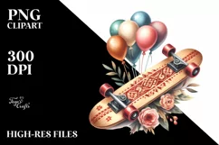 Vintage Skateboard with Balloons | Watercolor Clipart Product Image 1