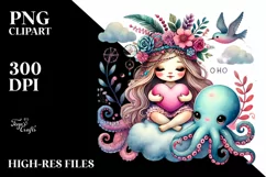 Adorned Baby Octopus on Moon with Heart PNG Product Image 2