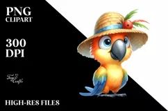 Funny Parrot Standing with Sun Hat | Watercolor Clipart Product Image 3