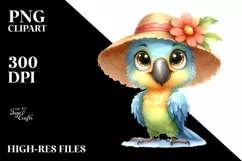 Funny Parrot Standing with Sun Hat | Watercolor Clipart Product Image 3