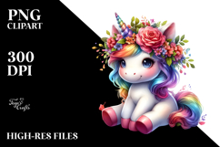 Cute Baby Unicorn with Floral Wreath, Watercolor PNG Product Image 2