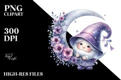 Cute Baby Gnome with Violet Floral Frame, Transparent PNG Product Image 2