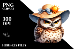 Watercolor Funny Owl Sitting Sun Hat Clipart Product Image 2