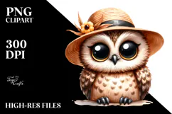 Watercolor Funny Owl Sitting Sun Hat Clipart Product Image 2