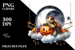 Watercolor Halloween Turtle Sitting on Cloud PNG Product Image 2