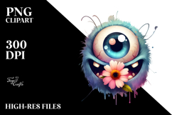 Funny Eyeball Monster with Flower, Vibrant Watercolor PNG Product Image 2