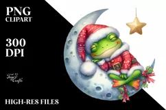 Vibrant Watercolor Cute Frog Sleeping on the Moon | Clipart Product Image 1