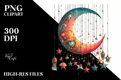 Colorful Half Moon with Stars, Vintage PNG Product Image 1
