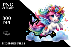 Cute Jumping Unicorn with Floral Wreath PNG Product Image 2