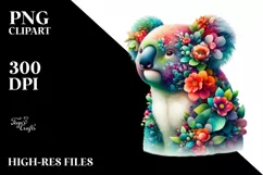 Abstract Koala with Plant Leaves and 3D Flowers PNG Product Image 3