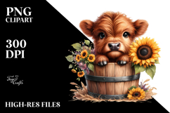 Cute Baby Highland Cow in Wood Bucket, Transparent PNG Product Image 2