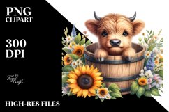 Cute Baby Highland Cow in Wood Bucket, Transparent PNG Product Image 1