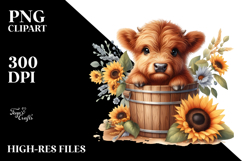 Cute Baby Highland Cow in Wood Bucket, Transparent PNG Product Image 2